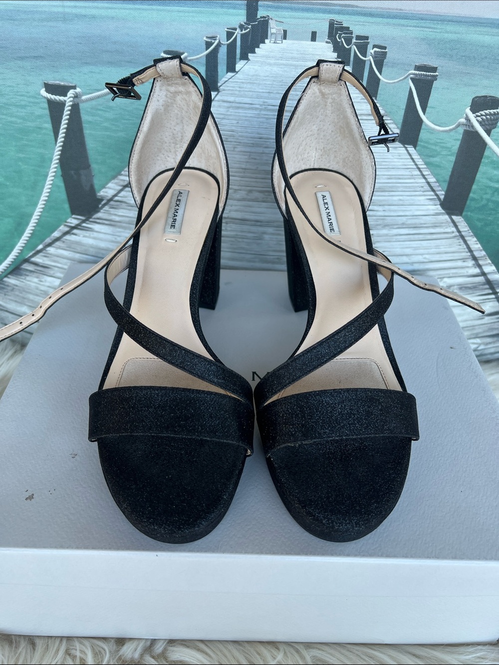 Alex Marie Black Suede Strappy Block Heels